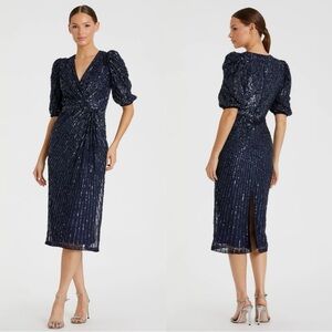 Mac Duggal Navy Sequin Midi Dress